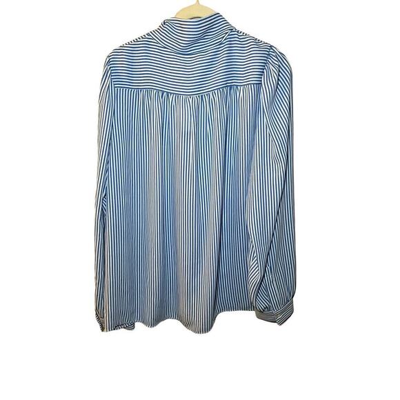 Premise Studio Shirt Women Large Blue Striped 100% Polyester Tie Neck Button-Up - Picture 2 of 5